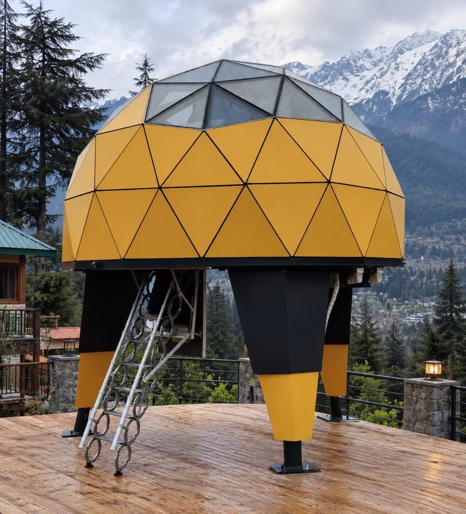 NIVA D1 elevated dome cabin with snowy mountain view