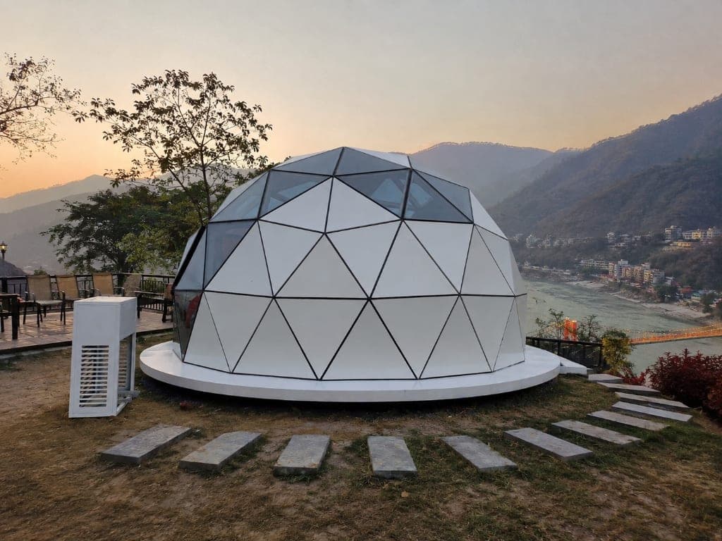 NIVA D2 grounded luxury dome cabin river valley sunset view